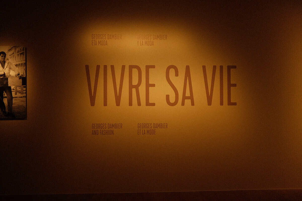 Dim museum wall with large text reading VIVRE SA VIE and smaller multilingual text about Georges Dambier.